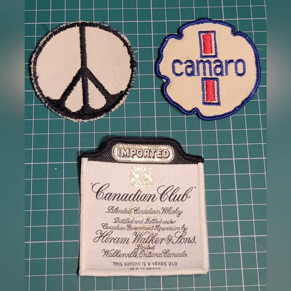 Vintage embroidered badges Camaro, Canadian Club and Peace